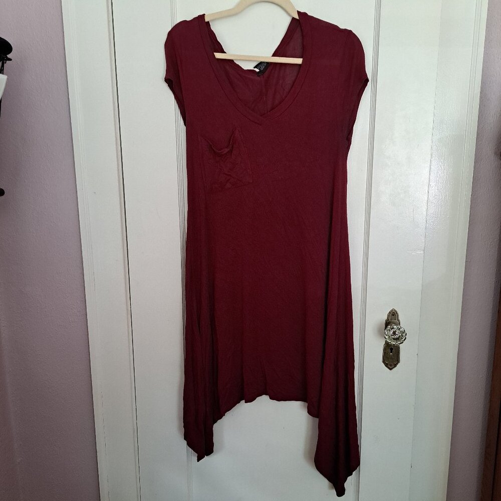 Burgundy V-Neck High Low / Handkerchief Hem Casual Short Sleeve Dress